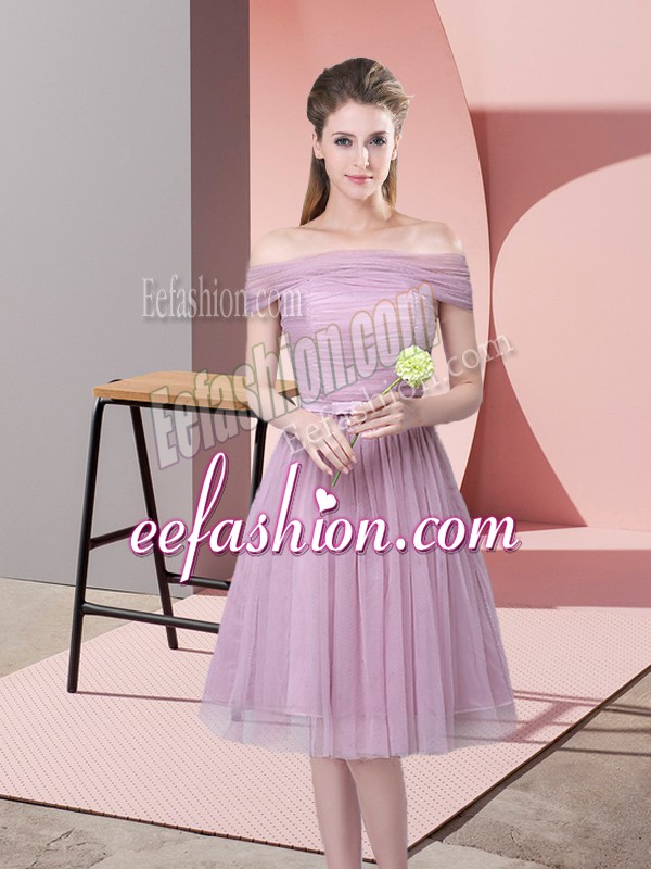Exquisite Lavender Tulle Side Zipper Off The Shoulder Sleeveless Knee Length Quinceanera Court of Honor Dress Ruching and Belt