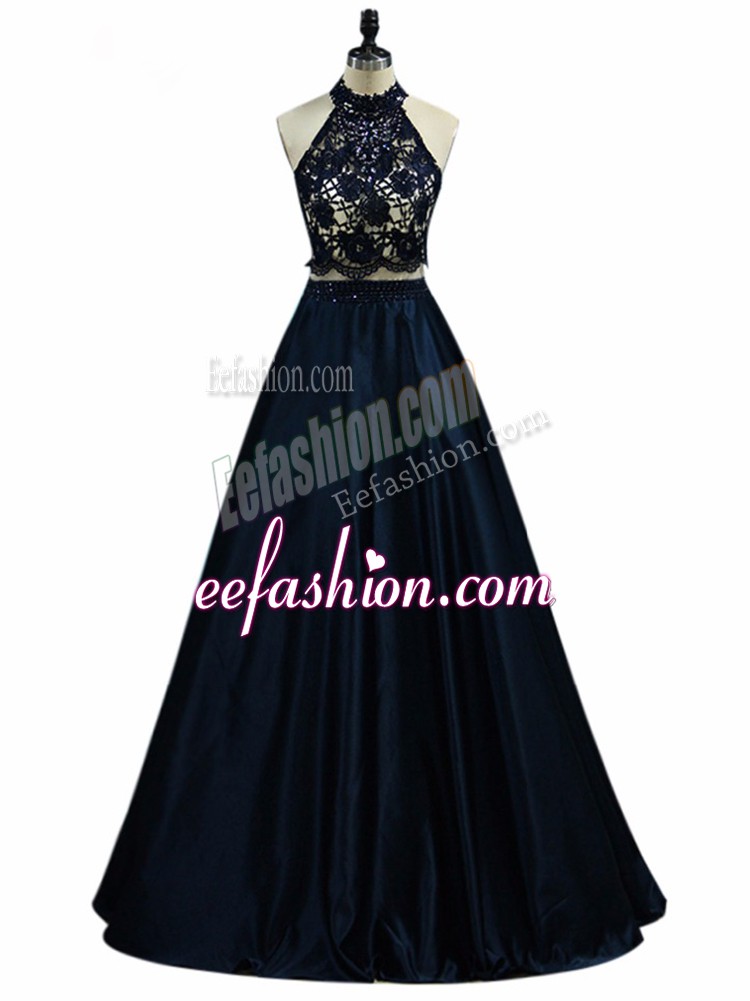  Halter Top Sleeveless Prom Gown Floor Length Lace and Appliques Navy Blue Taffeta