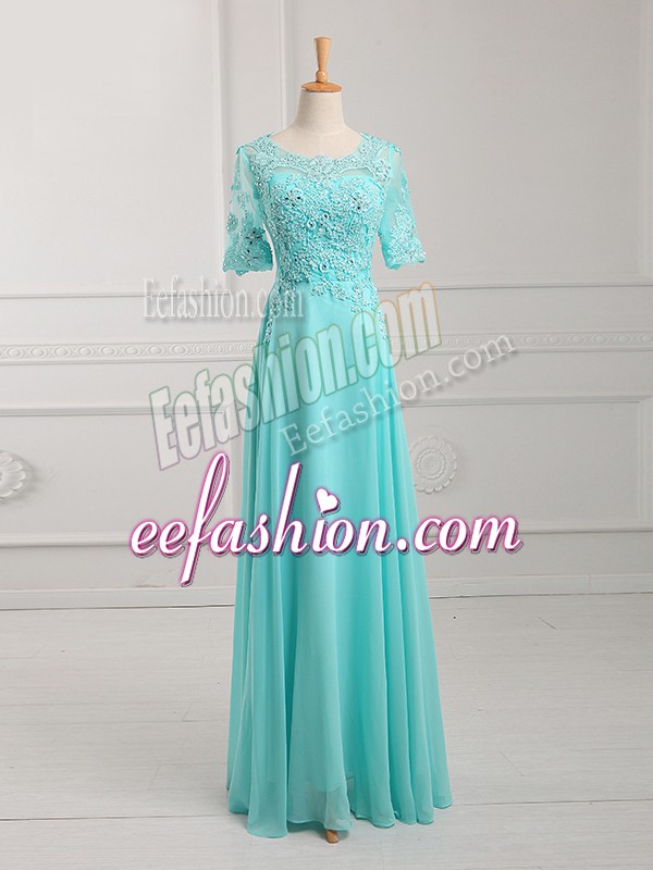  Half Sleeves Zipper Floor Length Lace and Appliques Mother Of The Bride Dress