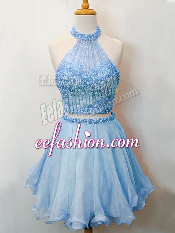 Flare Blue Two Pieces Organza Halter Top Sleeveless Beading Knee Length Lace Up Wedding Party Dress
