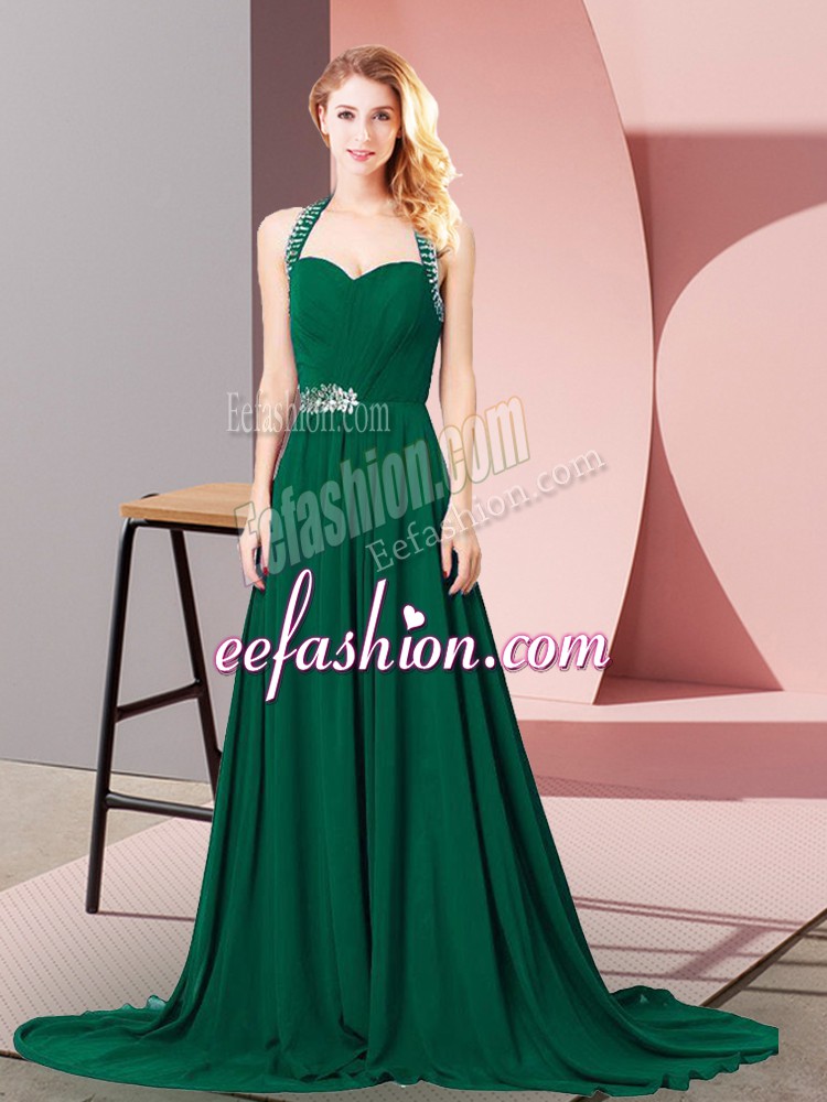 Amazing Dark Green Prom Gown Halter Top Sleeveless Brush Train Zipper