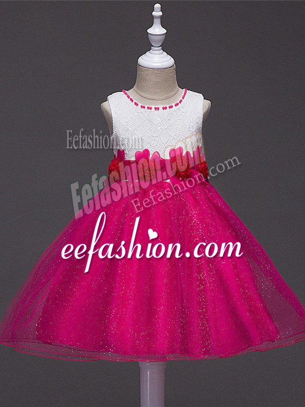  Hot Pink Scoop Zipper Lace and Hand Made Flower Little Girls Pageant Dress Wholesale Sleeveless