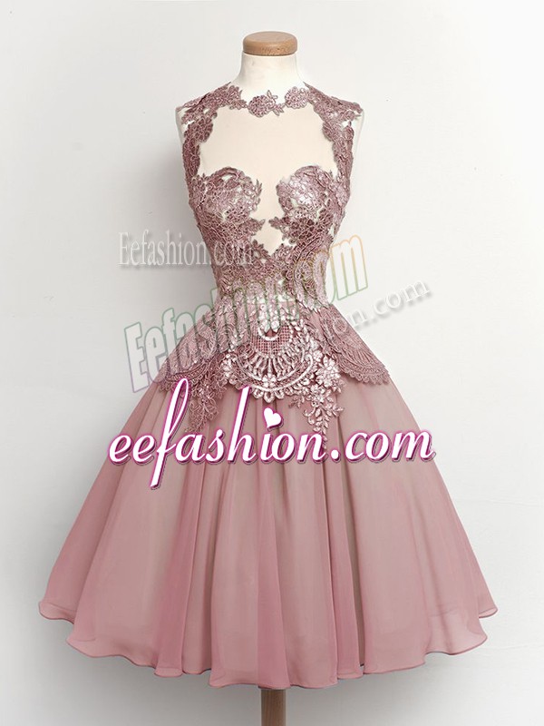 Best Selling Chiffon High-neck Sleeveless Lace Up Lace Dama Dress for Quinceanera in Grey