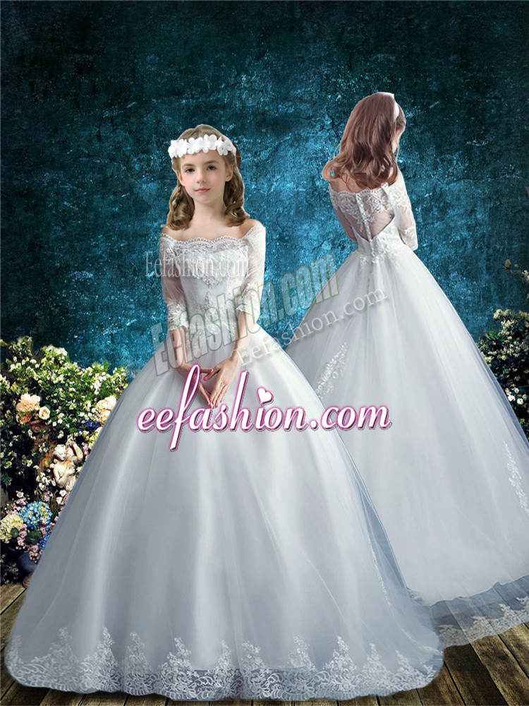 Edgy White Half Sleeves Tulle Brush Train Clasp Handle Flower Girl Dresses for Wedding Party