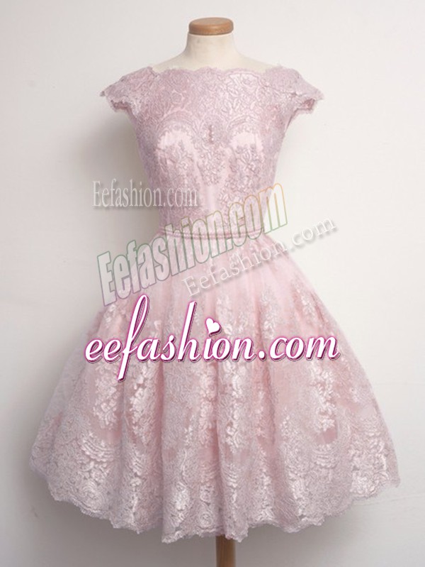 Flare Knee Length Baby Pink Dama Dress for Quinceanera Lace Cap Sleeves Lace