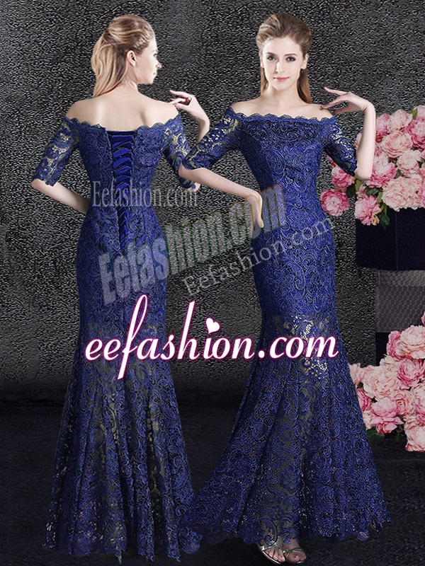 Clearance Mermaid Off the Shoulder Navy Blue Half Sleeves Lace Lace Up Mother Of The Bride Dress for Prom and Party