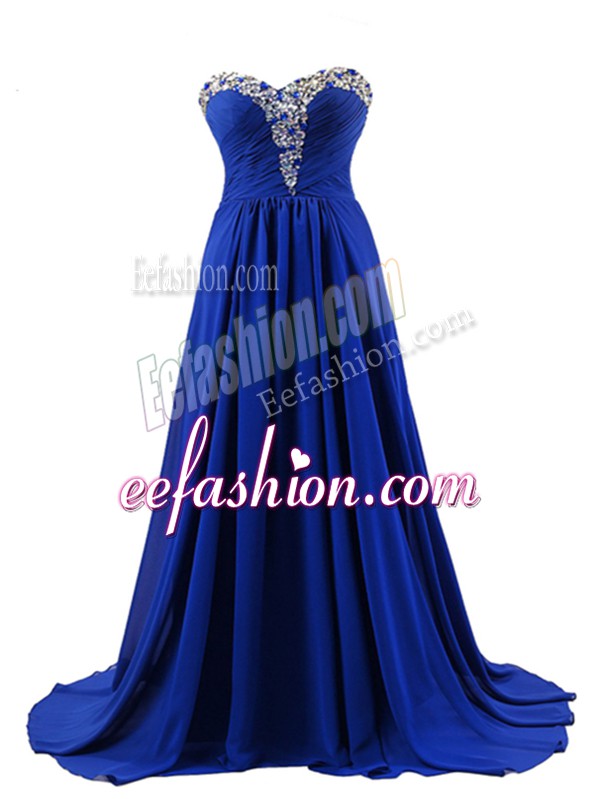 Excellent Royal Blue Empire Beading Lace Up Elastic Woven Satin Sleeveless