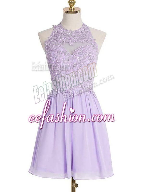  Lavender Chiffon Lace Up Halter Top Sleeveless Knee Length Bridesmaid Dress Lace