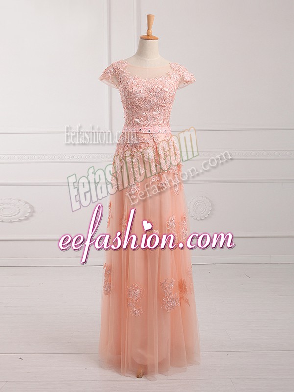 Best Selling Cap Sleeves Tulle Floor Length Lace Up Mother Of The Bride Dress in Peach with Lace and Appliques and Belt