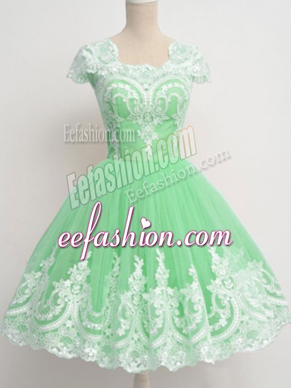  Apple Green Tulle Zipper Square Cap Sleeves Knee Length Court Dresses for Sweet 16 Lace