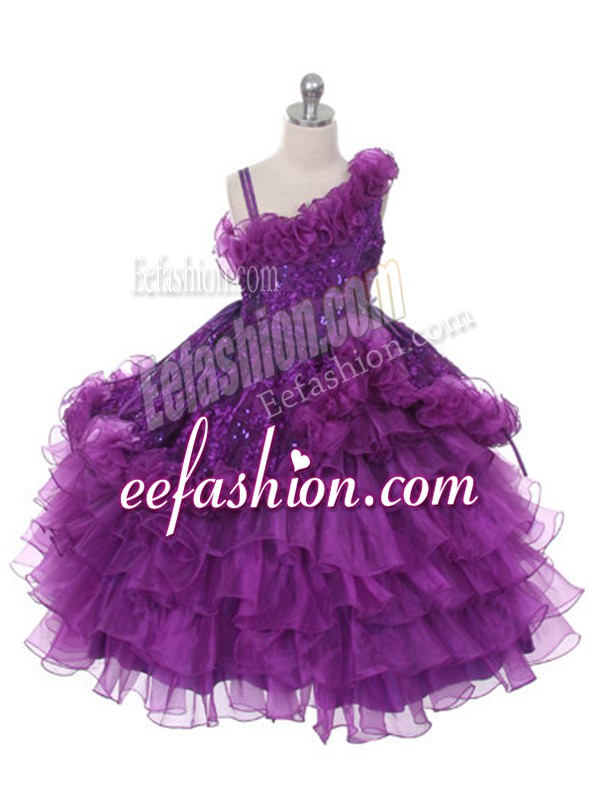  Asymmetric Sleeveless Lace Up Child Pageant Dress Purple Organza