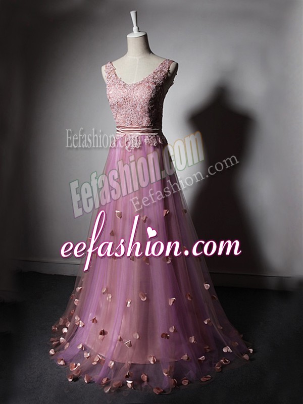 Beautiful Lilac Sleeveless Tulle Sweep Train Lace Up Prom Dresses for Prom