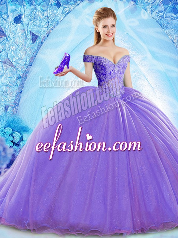  Lavender Off The Shoulder Lace Up Beading Quinceanera Dress Brush Train Sleeveless