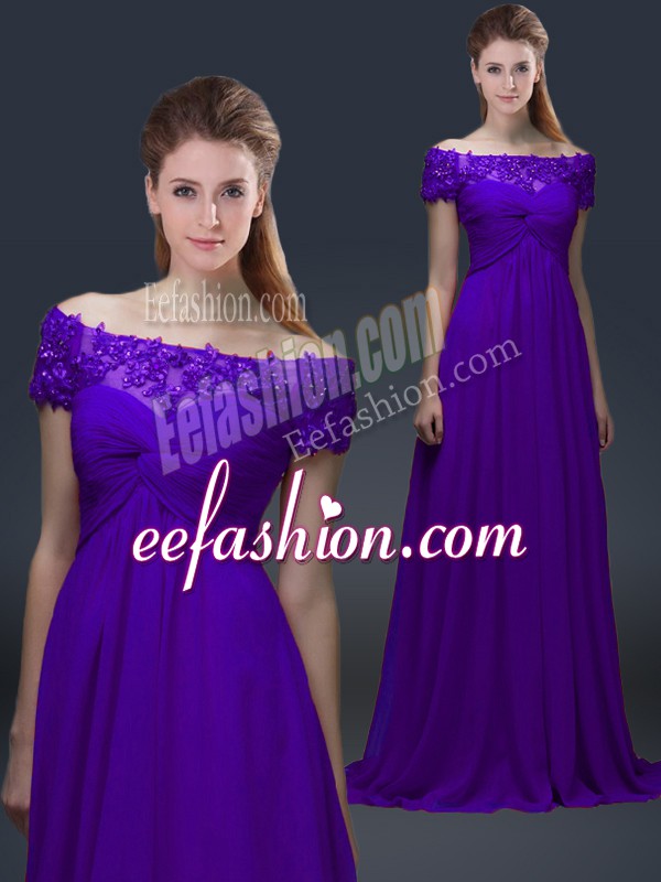  Short Sleeves Chiffon Floor Length Lace Up Mother Of The Bride Dress in Purple with Appliques