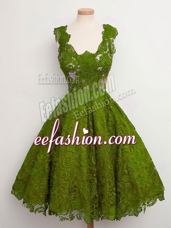 Fabulous Olive Green A-line Lace Straps Sleeveless Lace Knee Length Lace Up Quinceanera Court Dresses