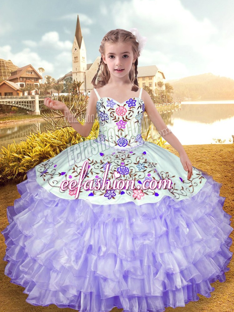  Lavender Ball Gowns Organza and Taffeta Straps Sleeveless Embroidery and Ruffled Layers Floor Length Lace Up Little Girl Pageant Dress