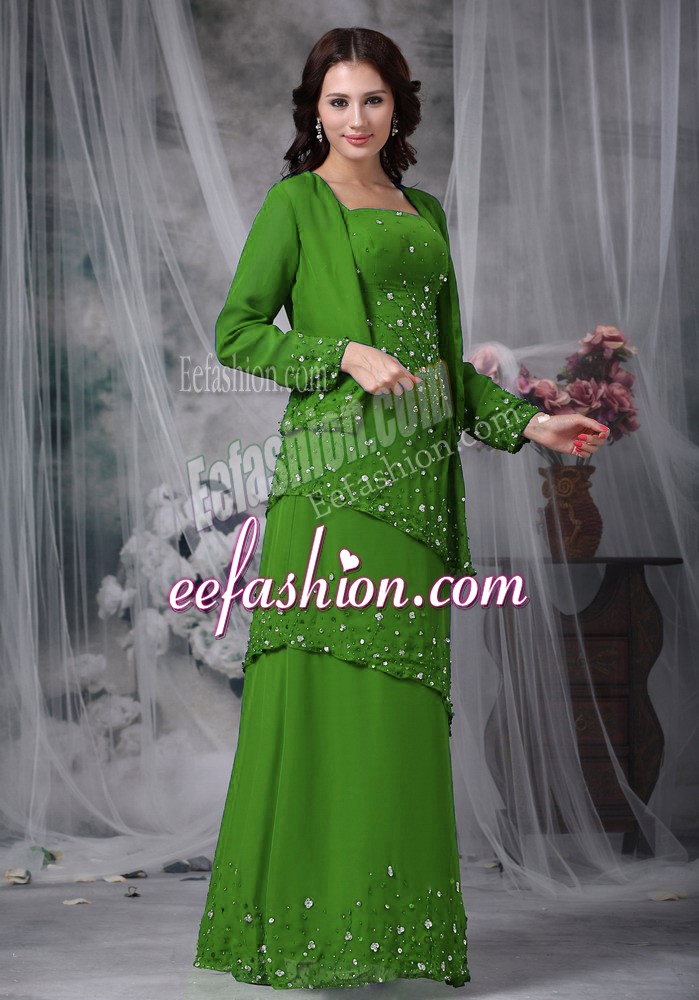 Comfortable Floor Length Green Mother Of The Bride Dress Chiffon Sleeveless Beading