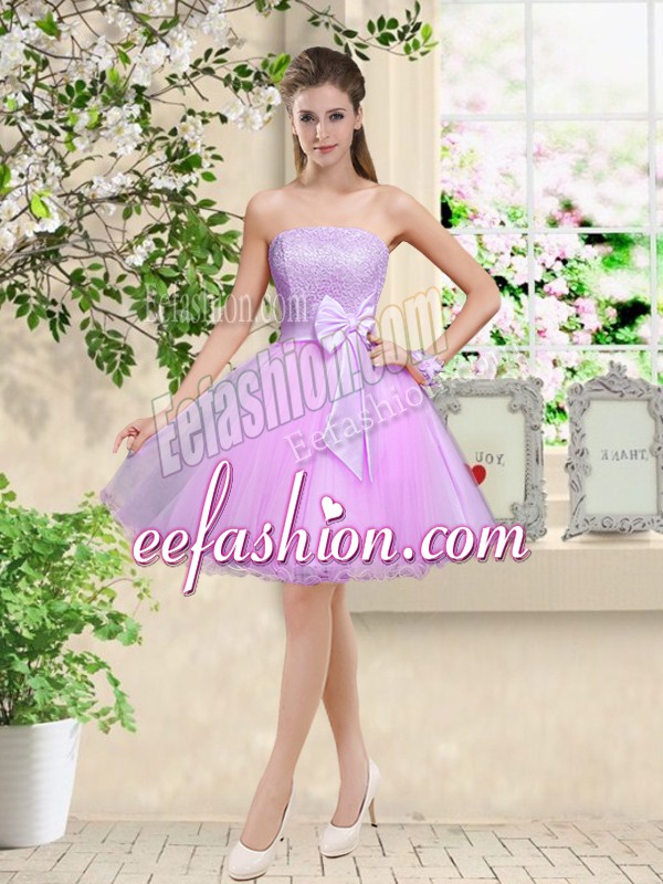Fantastic A-line Damas Dress Lilac Off The Shoulder Organza Sleeveless Knee Length Lace Up