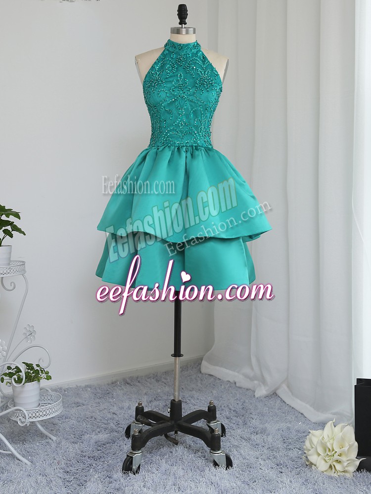 Custom Design High-neck Sleeveless Homecoming Dress Mini Length Lace and Appliques Turquoise Satin