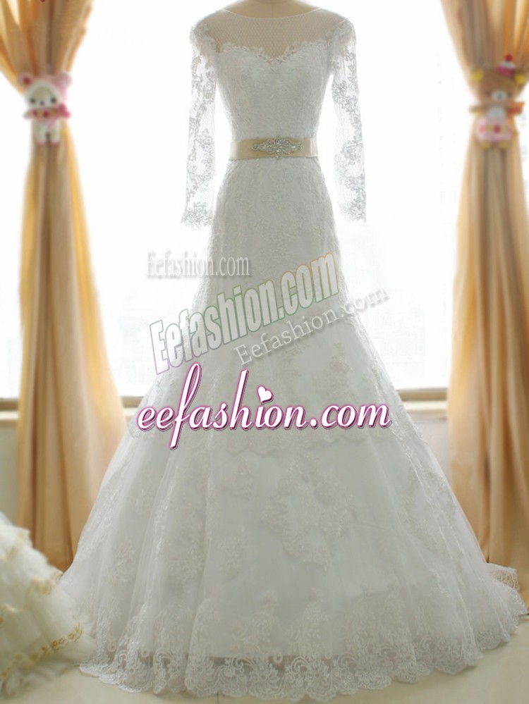  White Wedding Gowns Tulle Brush Train Long Sleeves Lace and Appliques