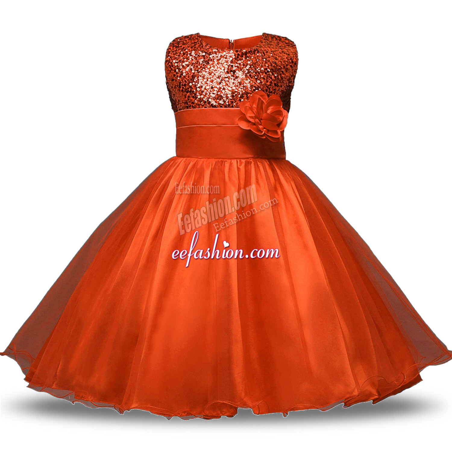  Knee Length Orange Red Toddler Flower Girl Dress Organza and Sequined Sleeveless Bowknot and Belt and Hand Made Flower