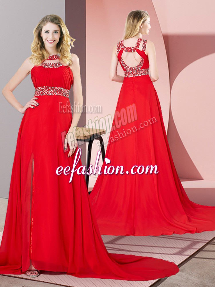 New Style Red Backless Teens Party Dress Beading Sleeveless Brush Train