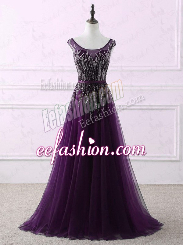 Dynamic Eggplant Purple Tulle Zipper Scoop Sleeveless Homecoming Dress Sweep Train Appliques and Embroidery