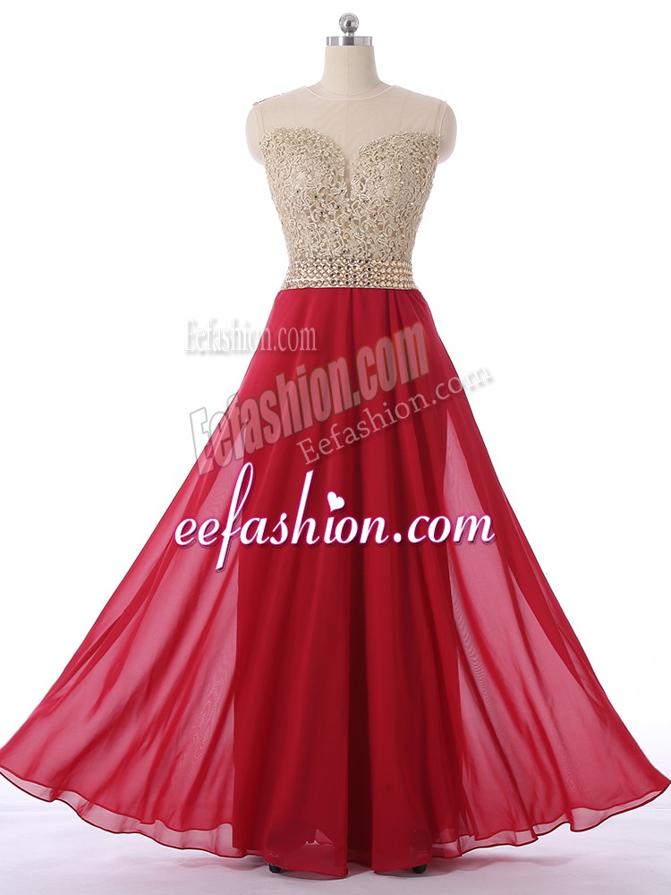  Red Empire Scoop Sleeveless Chiffon Floor Length Zipper Beading Dress for Prom