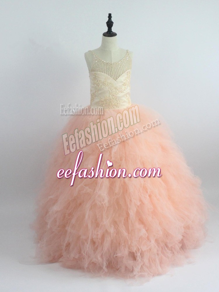 Fantastic Peach Ball Gowns Scoop Sleeveless Tulle Floor Length Zipper Appliques and Ruffles Girls Pageant Dresses