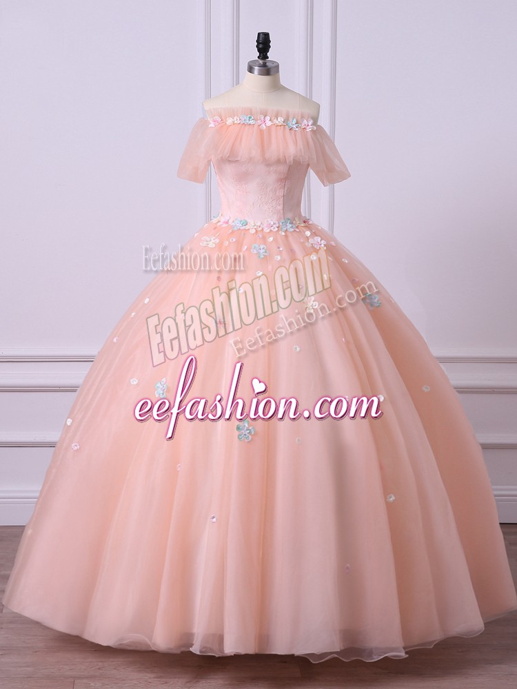 Nice Peach 15 Quinceanera Dress Military Ball and Sweet 16 and Quinceanera with Lace and Appliques Off The Shoulder Short Sleeves Lace Up