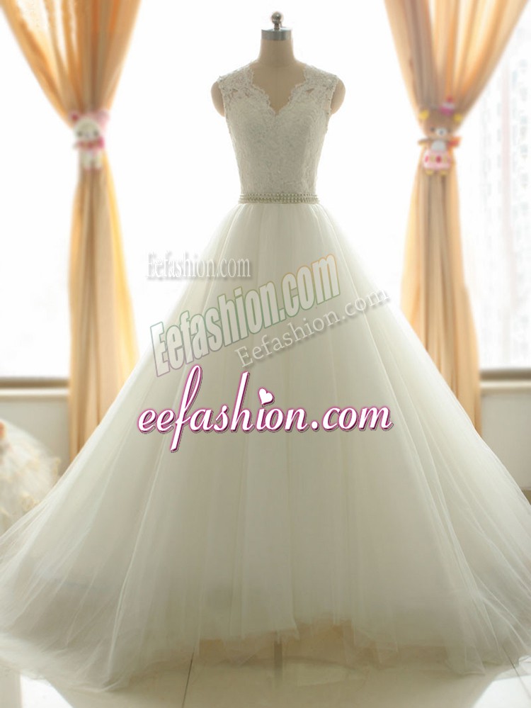 Exceptional White A-line Tulle V-neck Sleeveless Beading and Appliques Zipper Wedding Dresses Brush Train
