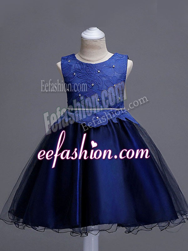  Navy Blue Ball Gowns Lace Flower Girl Dresses for Less Zipper Organza Sleeveless Knee Length