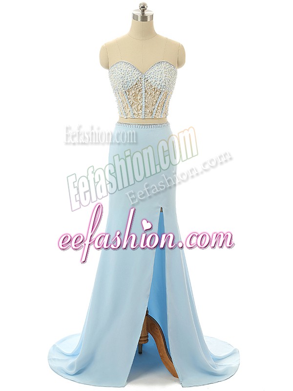 Modern Zipper Evening Dress Light Blue for Prom and Party and Military Ball with Beading Brush Train