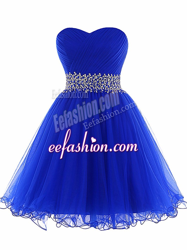  A-line Dress for Prom Royal Blue Sweetheart Tulle Sleeveless Mini Length Lace Up