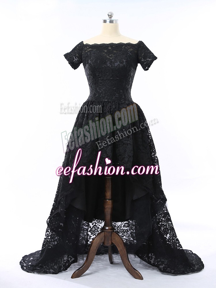  High Low A-line Short Sleeves Black Prom Party Dress Zipper