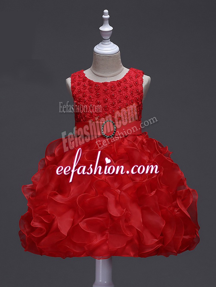  Red Ball Gowns Ruffles and Belt Kids Formal Wear Lace Up Organza Sleeveless Knee Length