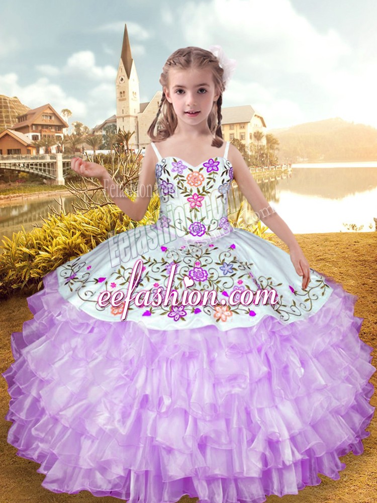 Perfect Lilac Ball Gowns Straps Sleeveless Organza and Taffeta Floor Length Lace Up Embroidery and Ruffled Layers Little Girls Pageant Dress Wholesale