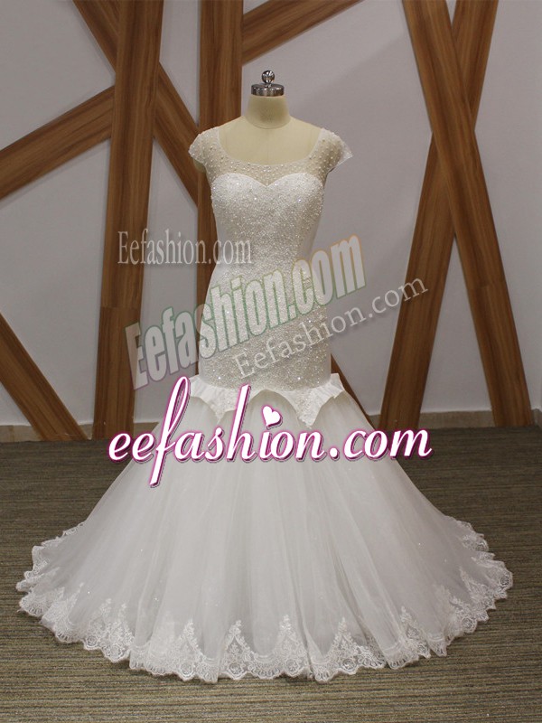 Exceptional Brush Train Mermaid Bridal Gown White Scoop Tulle Cap Sleeves Lace Up