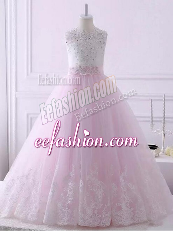  Baby Pink Ball Gowns Scalloped Sleeveless Tulle Brush Train Lace Up Lace Little Girl Pageant Gowns