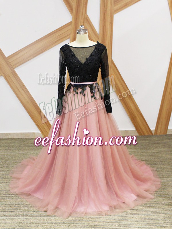 Dazzling Pink And Black Empire Tulle Scoop Long Sleeves Lace and Appliques and Sashes ribbons Zipper Ball Gown Prom Dress Brush Train