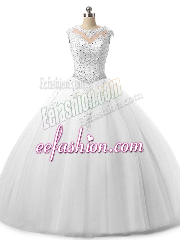  Ball Gowns Sweet 16 Dresses White Scoop Tulle Sleeveless Floor Length Lace Up