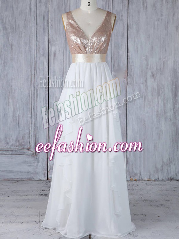  White Sleeveless Floor Length Ruffles and Sequins Backless Vestidos de Damas