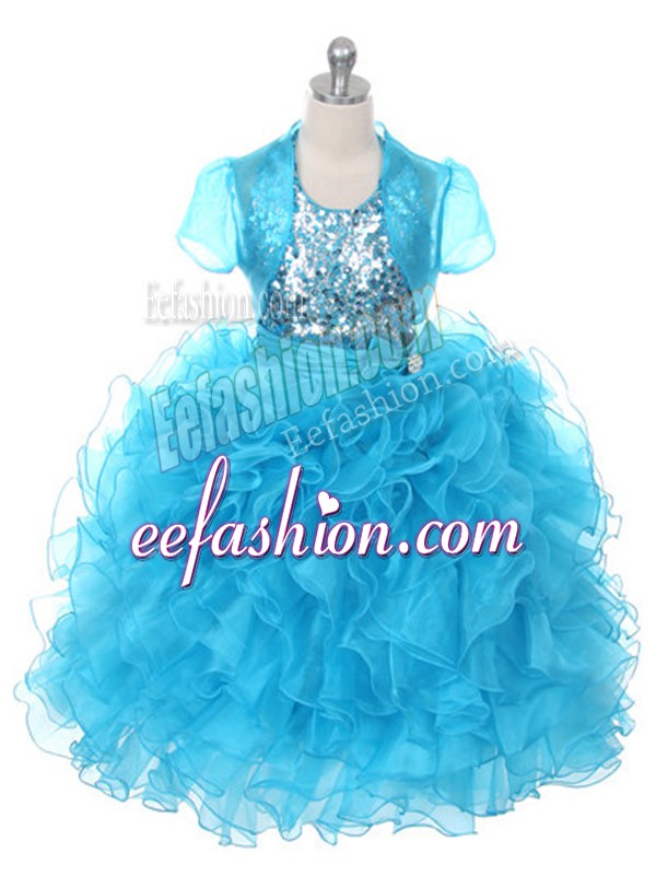 Custom Design Floor Length Ball Gowns Sleeveless Baby Blue Little Girls Pageant Dress Lace Up