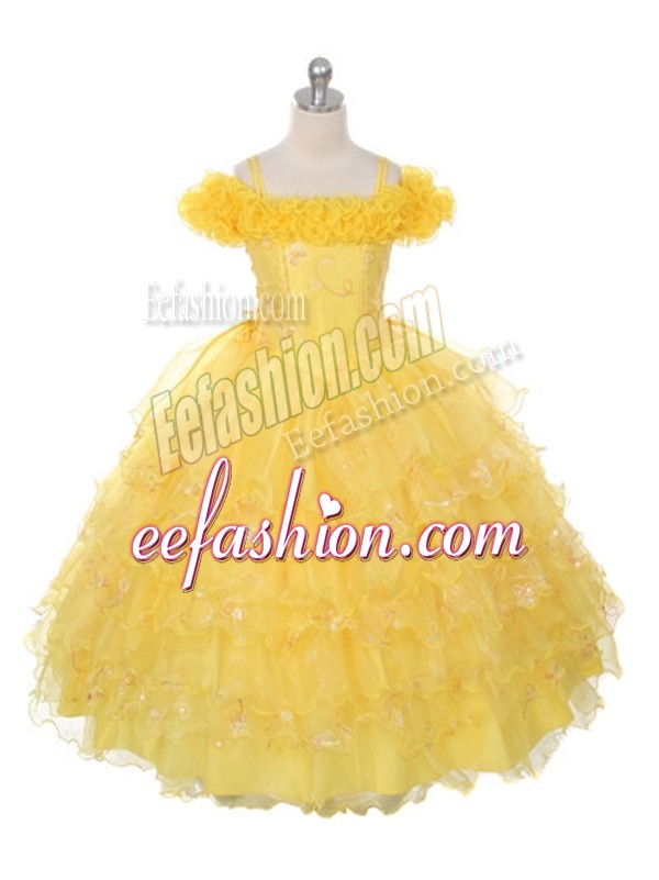  Yellow Organza Lace Up Pageant Gowns For Girls Sleeveless Floor Length Ruffles and Ruffled Layers
