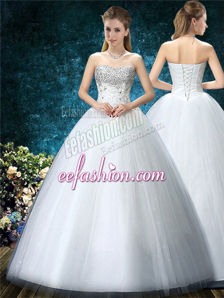  Sleeveless Floor Length Beading and Embroidery Lace Up Wedding Dress with White