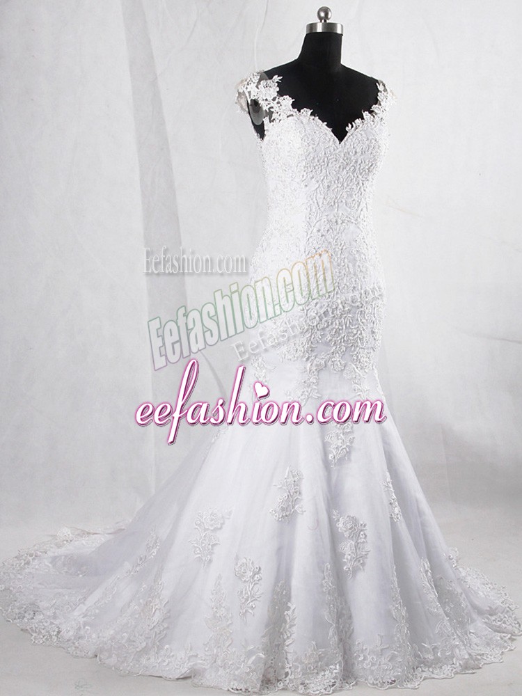Trendy Tulle V-neck Sleeveless Brush Train Clasp Handle Lace Wedding Dress in White