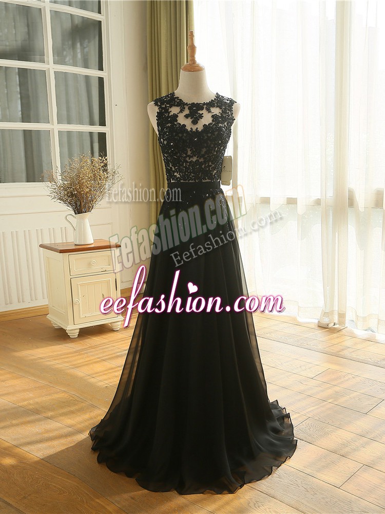  Lace and Appliques Dress for Prom Black Zipper Sleeveless Floor Length