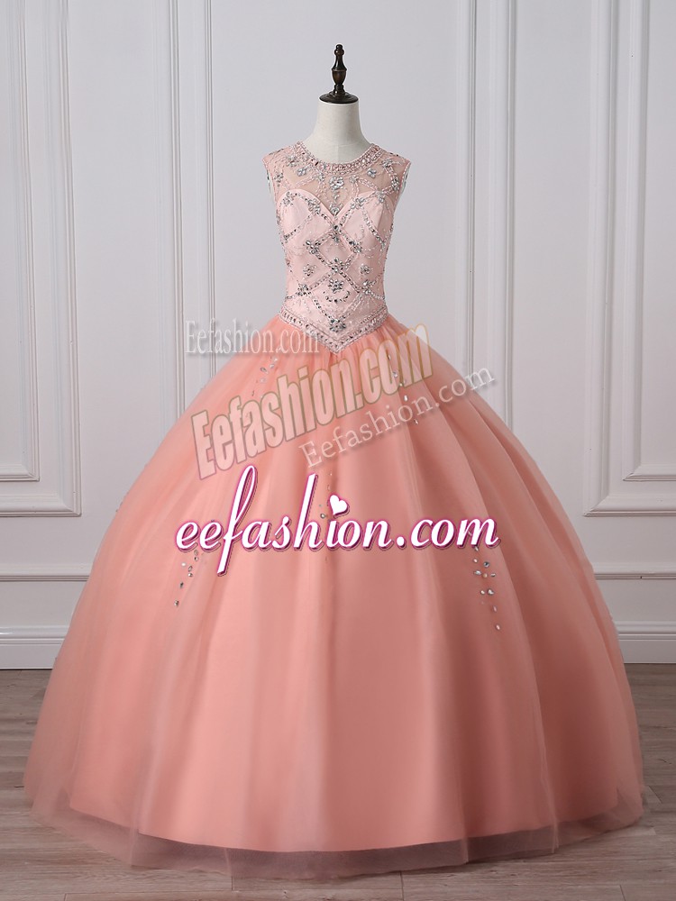  Sleeveless Floor Length Beading Zipper Quinceanera Gown with Peach