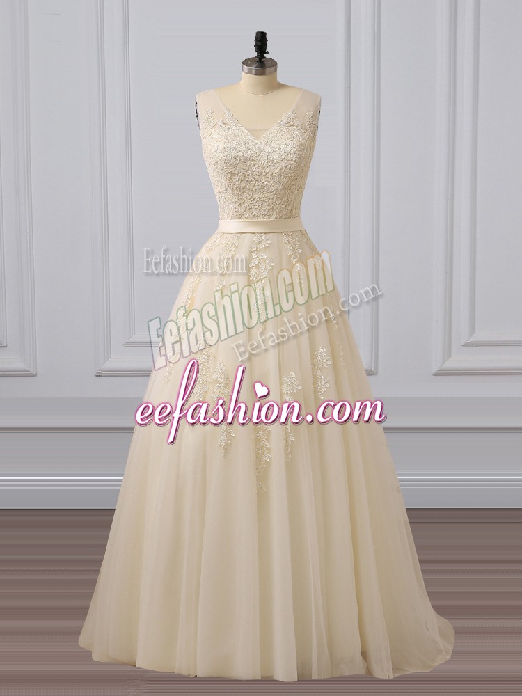  Champagne Dress for Prom Prom and Party and Military Ball with Lace and Appliques V-neck Sleeveless Brush Train Lace Up