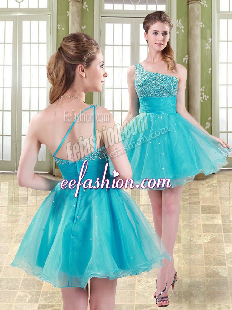  Aqua Blue A-line Beading Dress for Prom Zipper Organza Sleeveless Mini Length